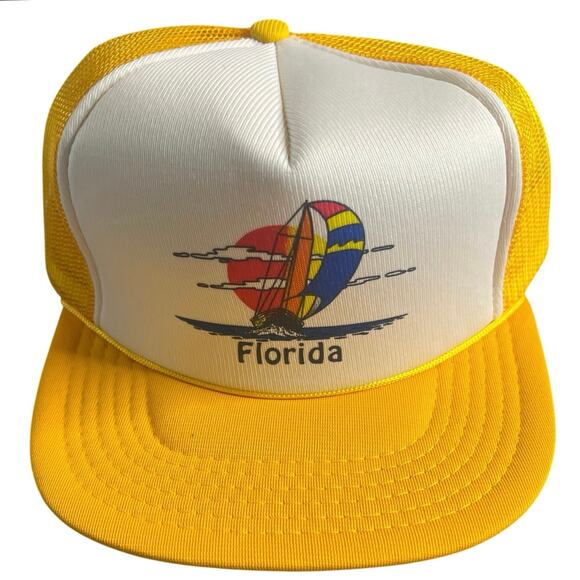 Vintage Snapback Trucker Hat | Florida Tourist | Yellow & White | Boat Scene - Picture 1 of 8